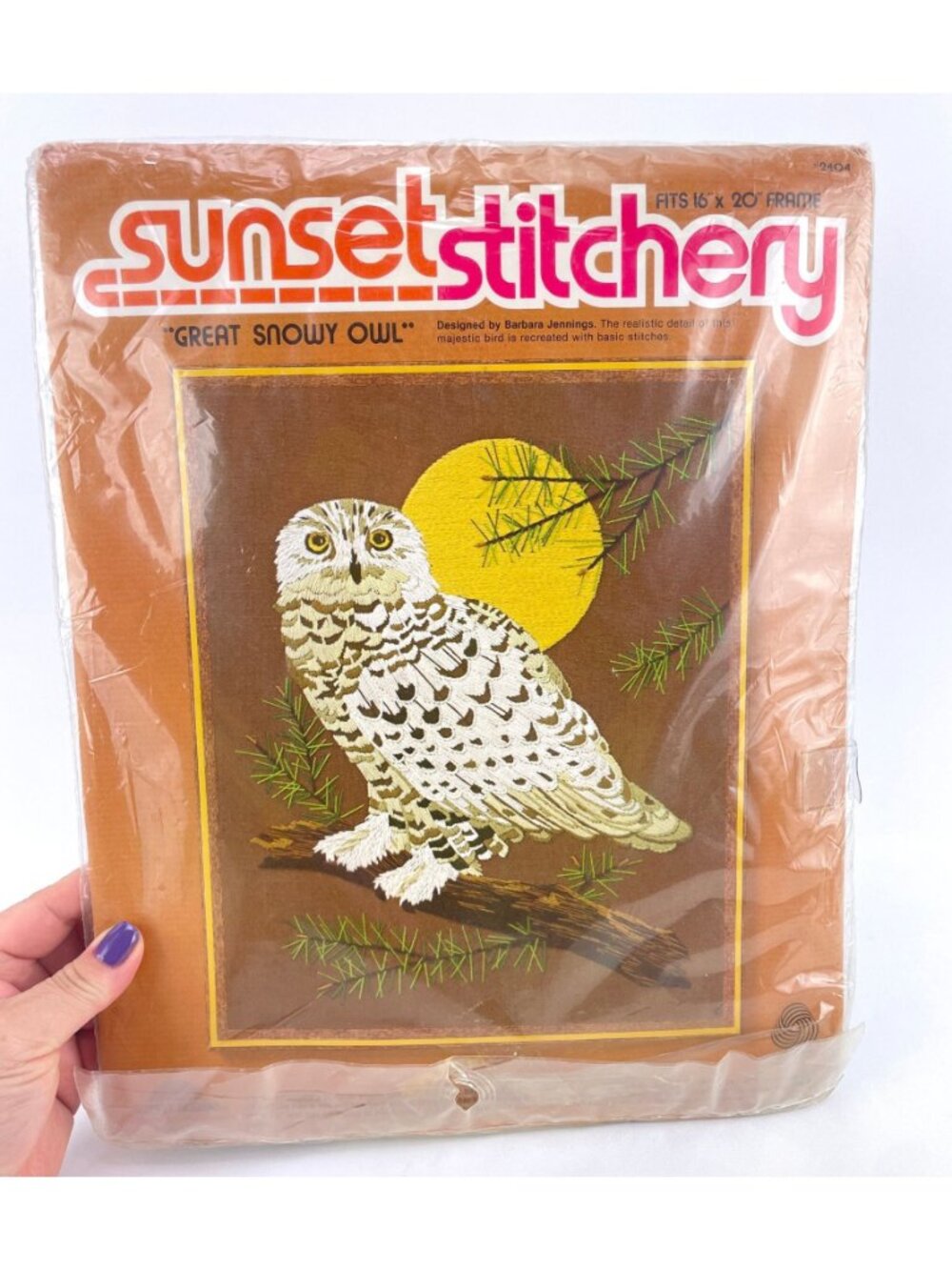 Vintage 70s Cross Stitch kit, "Great Snowy Owl", by Sunset Stitchery, new, open